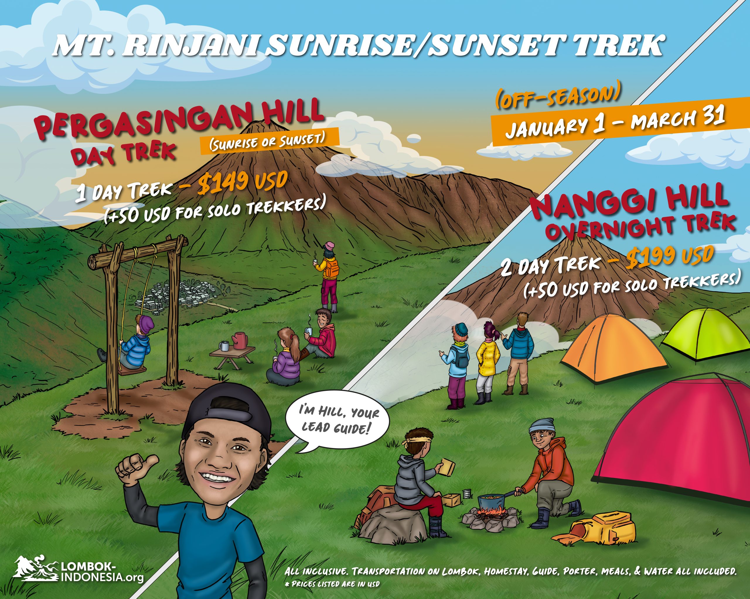 Colorful cartoon-style flyer featuring Mt. Rinjani hike guide Hill with a group of trekkers camping and exploring scenic ridgelines on the Pergasingan and Nanggi Hill routes, with mountains, tents, and smiling hikers illustrated to promote alternative hikes near Mt. Rinjani.