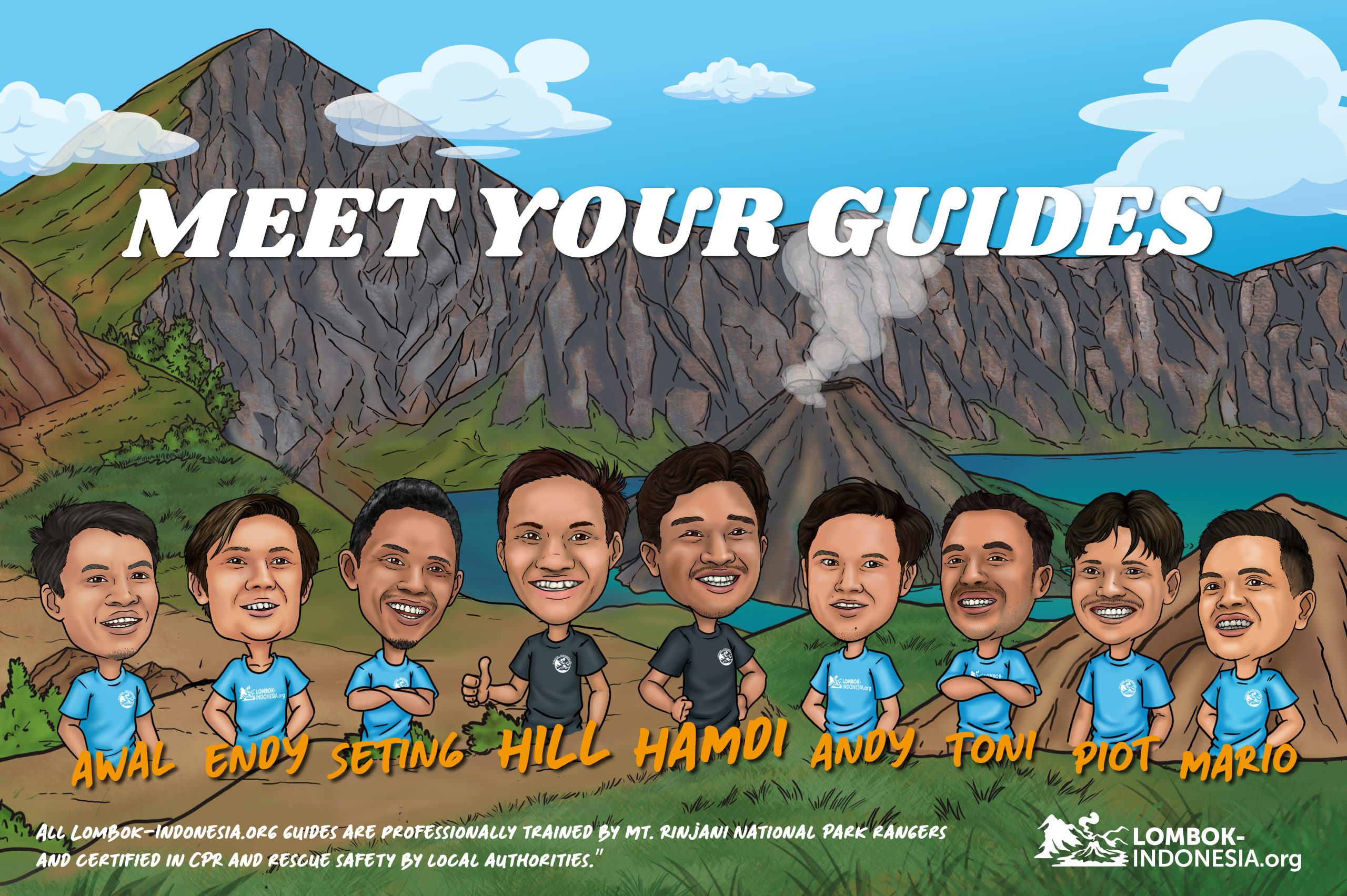 Illustrated flyer introducing Mt. Rinjani hike guides Hill, Awal, Endy, Seting, Hamdi, Andy, Toni, Piot, and Mario with cartoon-style portraits and bright colors, designed to help hikers get to know the team before the trek begins.