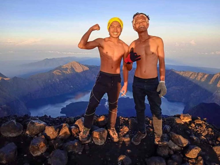 Guides flex their stuff after guiding hikers to the summit of Mt. Rinjani