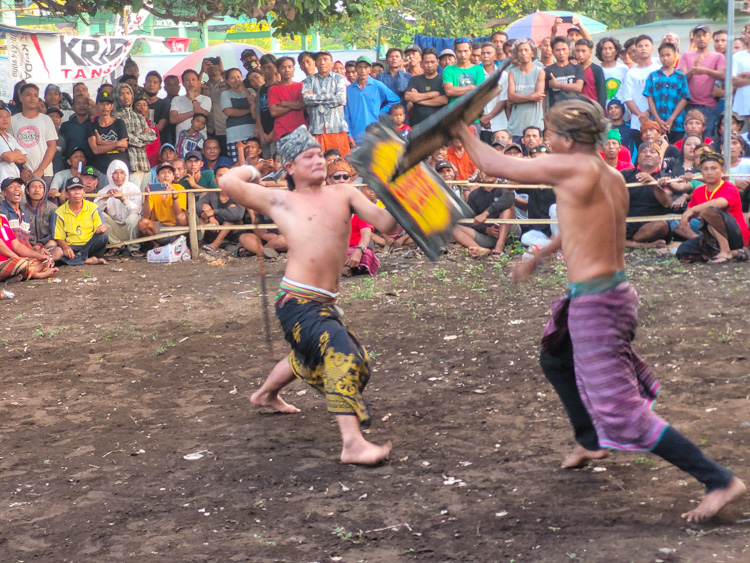 Two Sasak men engaged in traditional stick fighting with a crowd of spectators watching, showcasing a cultural performance often included in Mt. Rinjani hike packages that highlight local customs and heritage.